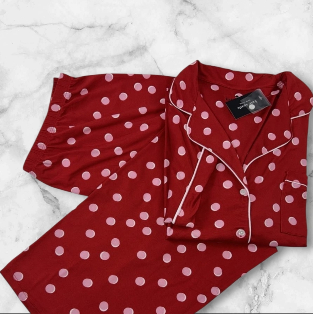 Kate Spade Short Sleeve/Crop Pant Red Polka Dot Pajama Set, NWT